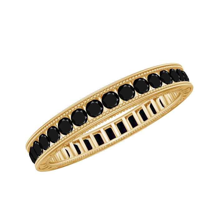 Black Onyx wedding band with milgrain detailing from Rosec Jewels, showcasing a sleek black gemstone and intricate beaded edge design.