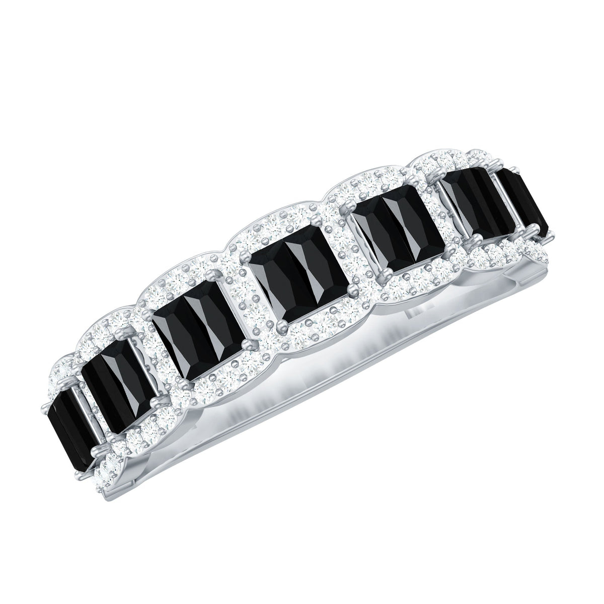 Lab-grown black and white diamond baguette half eternity ring by Rosec Jewels, featuring a sleek band with alternating diamonds.