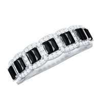 Lab-grown black and white diamond baguette half eternity ring by Rosec Jewels, featuring a sleek band with alternating diamonds.