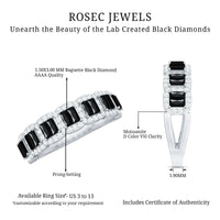 Rosec Jewels lab-grown black and white diamond baguette half eternity ring featuring alternating diamond segments.
