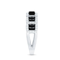 Black and white lab-grown diamond half eternity ring with baguette cuts, from Rosec Jewels, showcasing sparkling gemstone band.