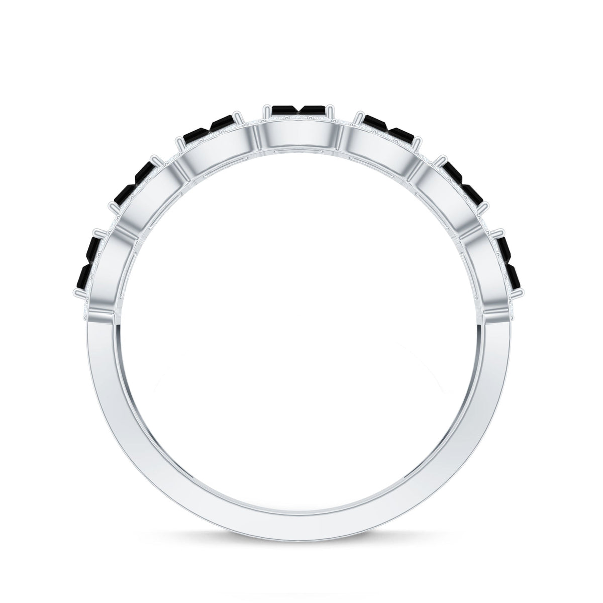 Lab grown black and white diamond baguette half eternity ring by Rosec Jewels, showcasing alternating diamond stones in a sleek band.