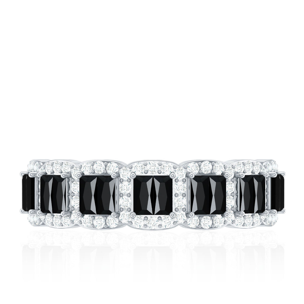 Lab grown black and white diamond eternity band ring by Rosec Jewels featuring baguette cut diamonds on a sleek gold band.