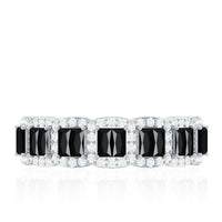 Lab grown black and white diamond eternity band ring by Rosec Jewels featuring baguette cut diamonds on a sleek gold band.