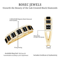 Black and white lab-grown diamond eternity ring with baguette cuts, Rosec Jewels' half eternity band, showcasing sparkling gemstone details.