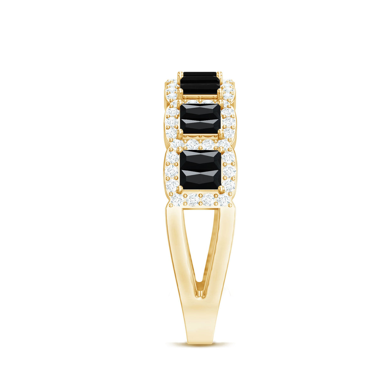 Rosec Jewels black and white diamond baguette half eternity band ring with alternating gemstone design, close-up view of the ring.