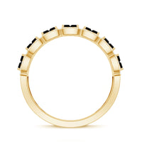 Rosec Jewels baguette cut lab-grown black and white diamond half eternity ring with alternating stones, elegant and modern jewelry style.