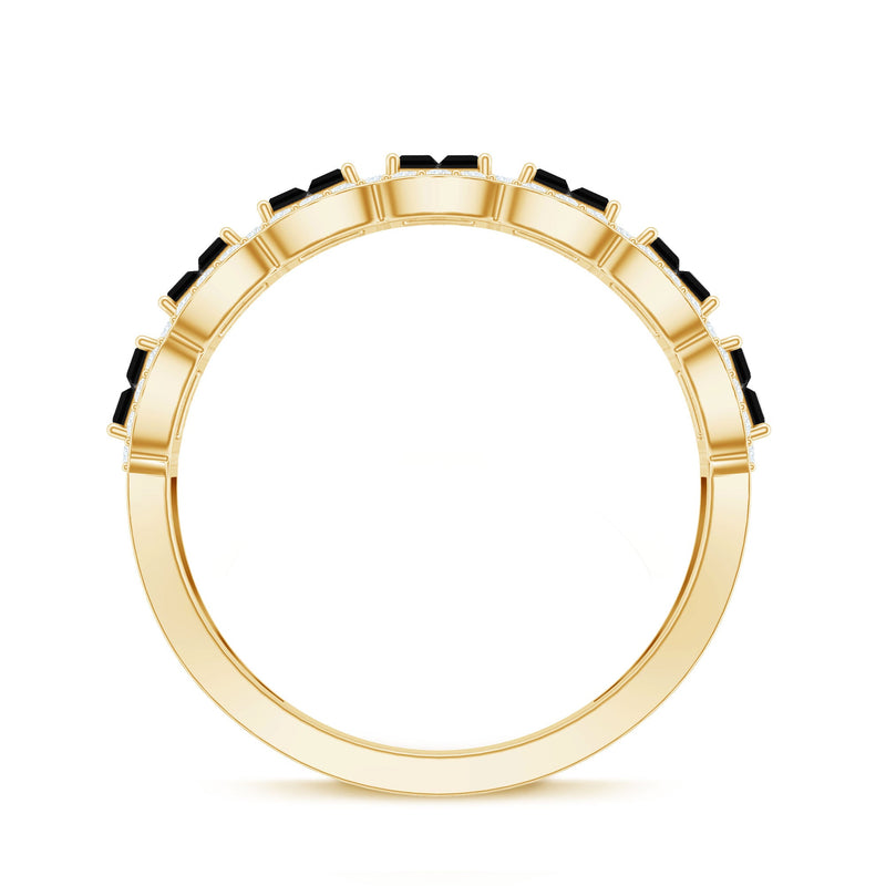 Rosec Jewels baguette cut lab-grown black and white diamond half eternity ring with alternating stones, elegant and modern jewelry style.