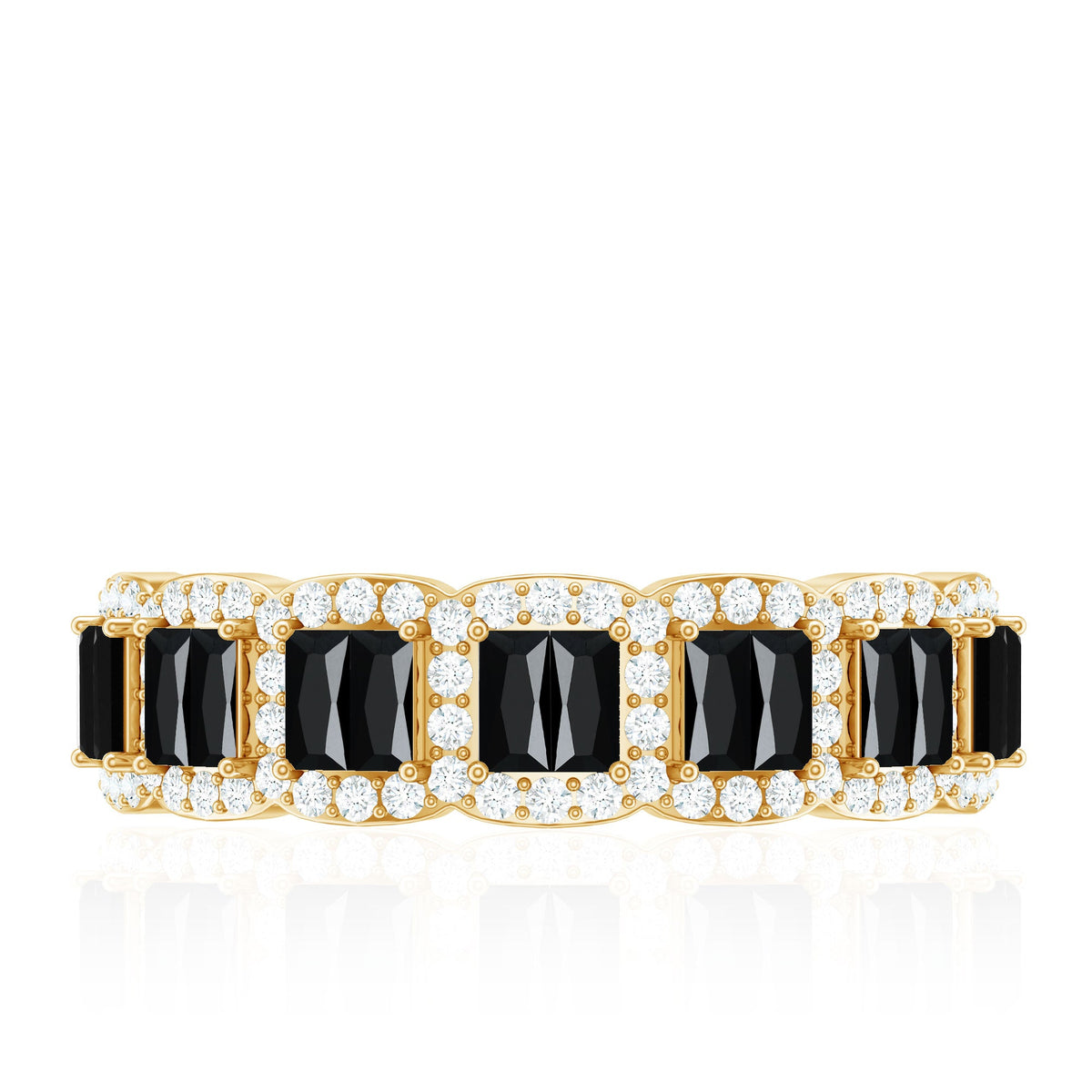 Black and white lab-grown diamond eternity ring by Rosec Jewels featuring baguette cut stones in a half eternity band design.