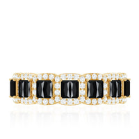Black and white lab-grown diamond eternity ring by Rosec Jewels featuring baguette cut stones in a half eternity band design.