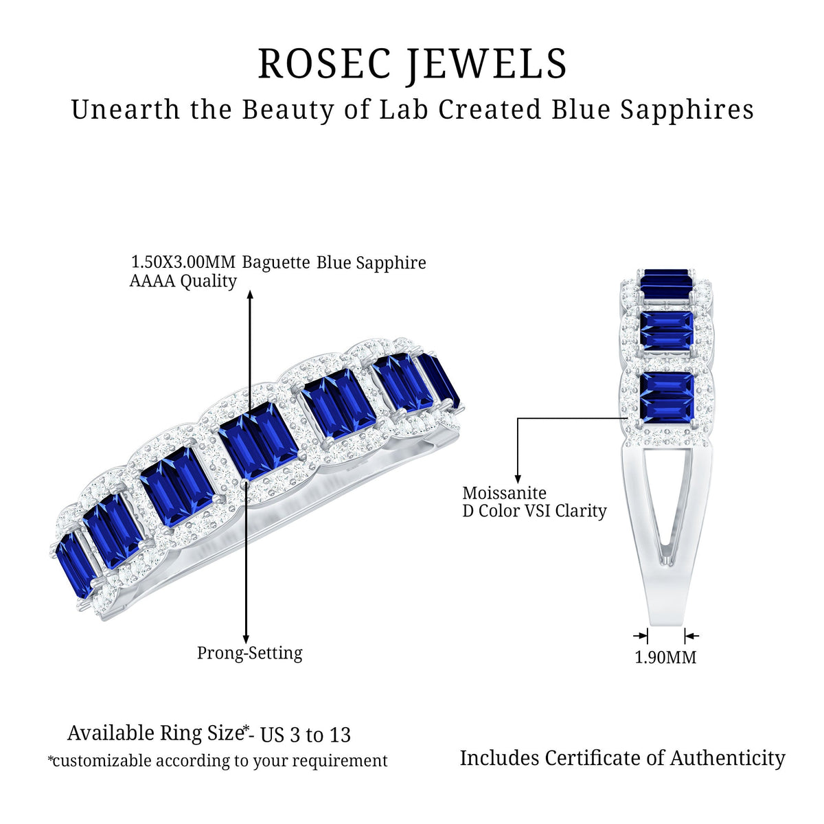Rosec Jewels blue sapphire eternity wedding band with diamonds, lab-grown gemstone ring showcasing a continuous row of sapphires and diamonds.