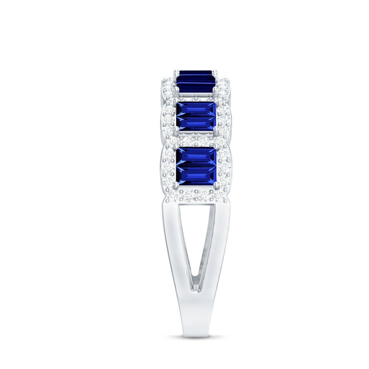 Blue sapphire eternity wedding band with diamonds, Rosec Jewels certified lab-grown blue sapphire ring showcasing a continuous gemstone circle.