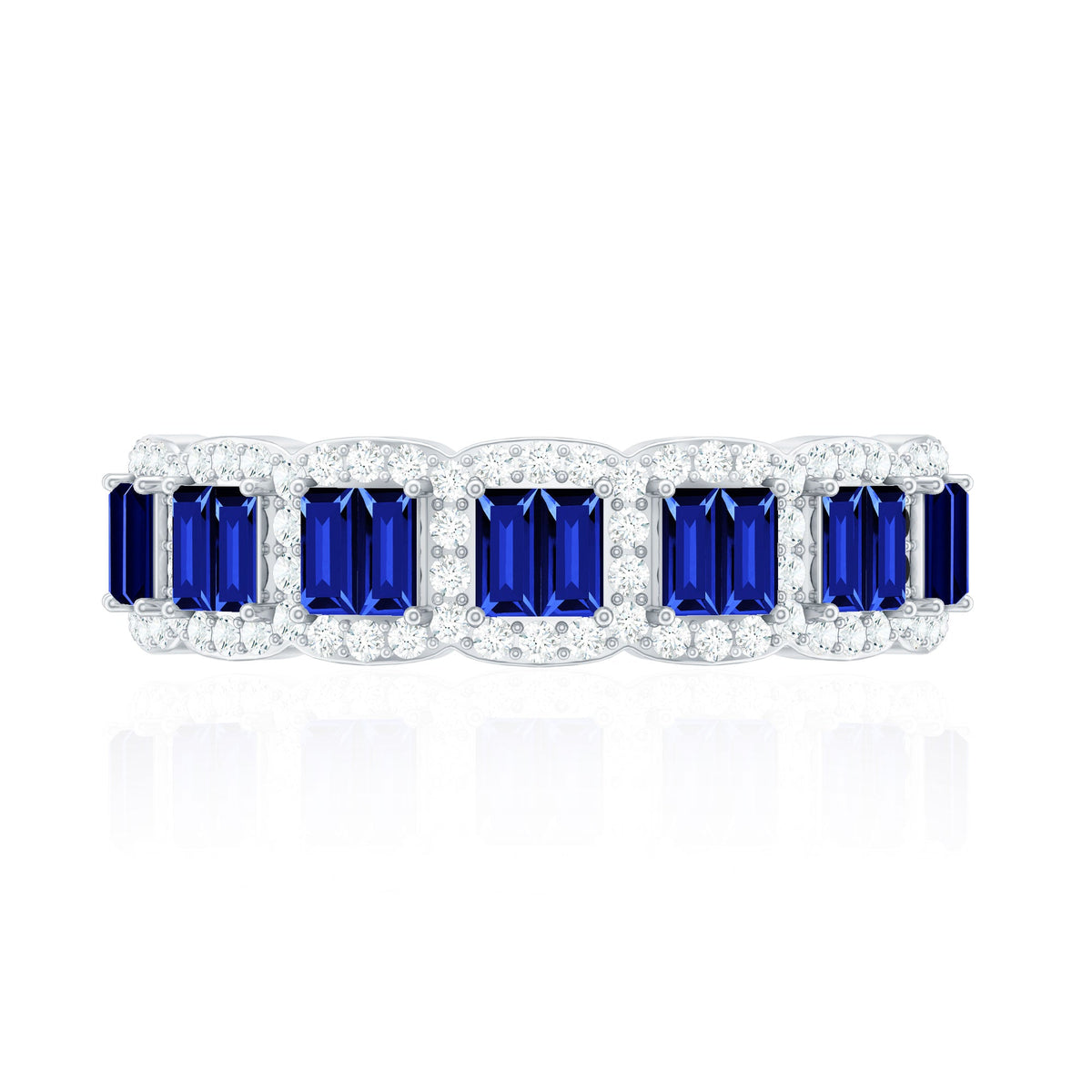 Blue sapphire eternity wedding band with diamonds, crafted by Rosec Jewels, featuring lab-grown blue sapphires and sparkling diamond accents.