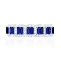 Blue sapphire eternity wedding band with diamonds, crafted by Rosec Jewels, featuring lab-grown blue sapphires and sparkling diamond accents.
