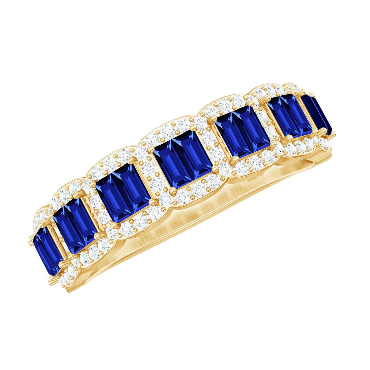 Rosec Jewels blue sapphire eternity wedding band with lab-grown sapphires and diamonds, showcasing a continuous row of gemstones.