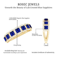 Lab-grown blue sapphire and diamond eternity wedding band by Rosec Jewels, featuring a continuous row of sparkling gemstones.