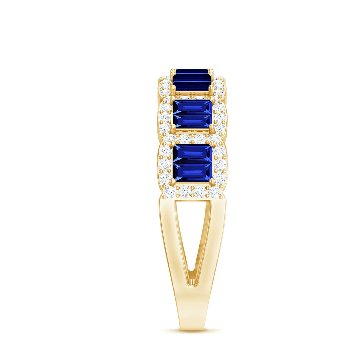 Lab grown blue sapphire eternity wedding band with diamonds, crafted by Rosec Jewels, showcasing a continuous row of gemstones.
