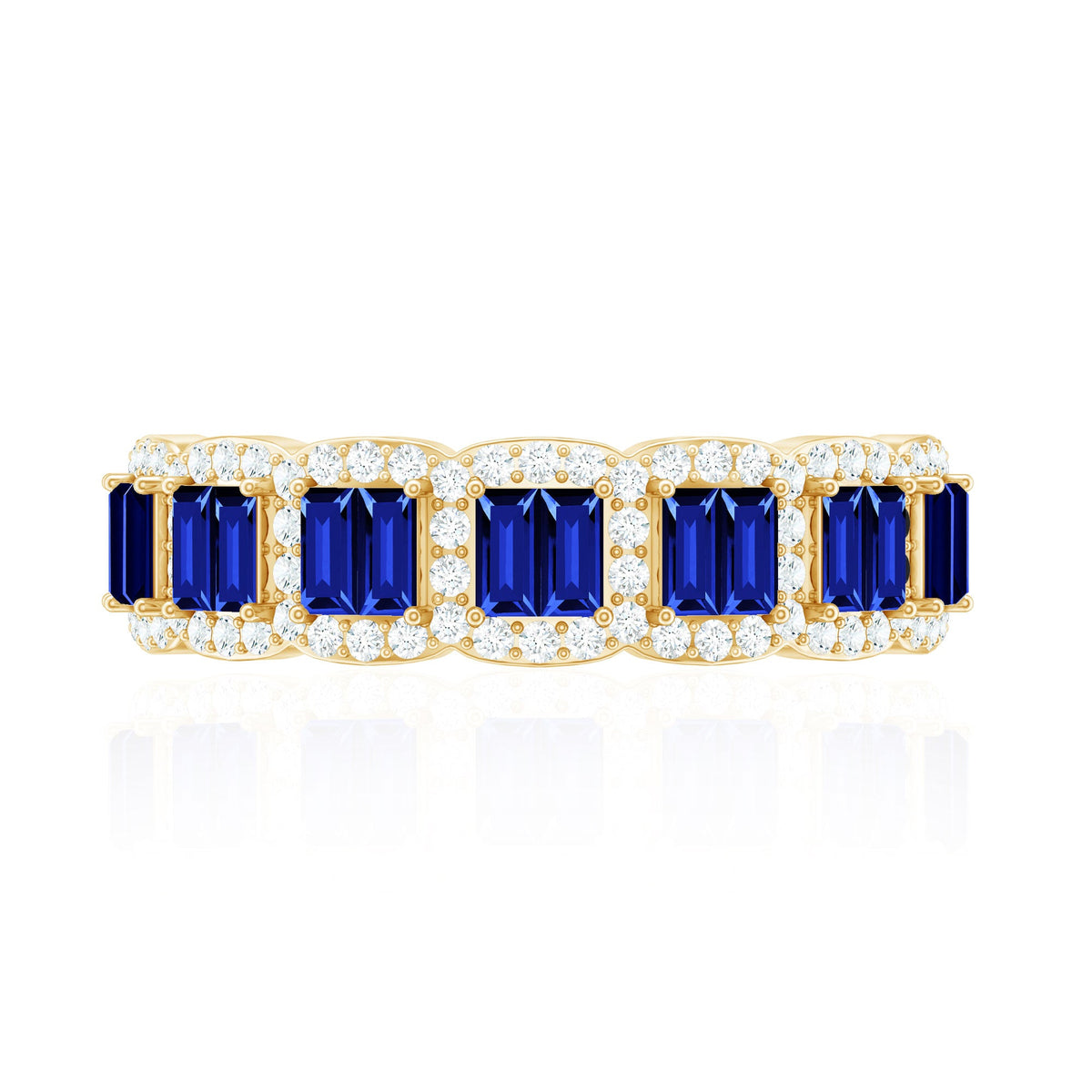 Lab grown blue sapphire eternity wedding band with diamonds by Rosec Jewels, showcasing a continuous row of sapphires and sparkling diamonds.