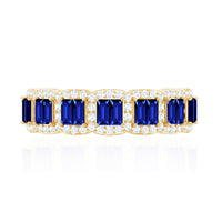 Lab grown blue sapphire eternity wedding band with diamonds by Rosec Jewels, showcasing a continuous row of sapphires and sparkling diamonds.
