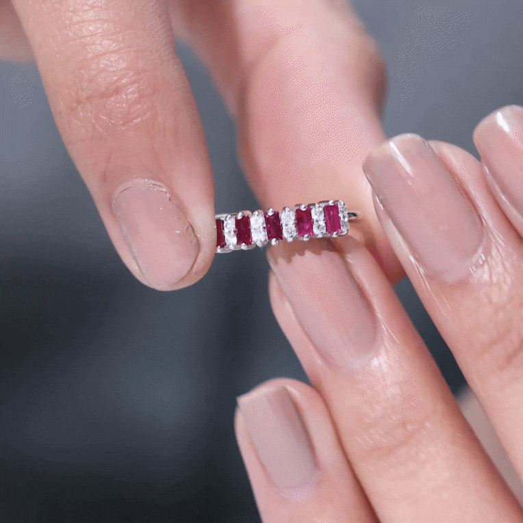 Yellow gold minimalist lab-created ruby and diamond cluster promise ring by Rosec Jewels showing intricate gemstone details.
