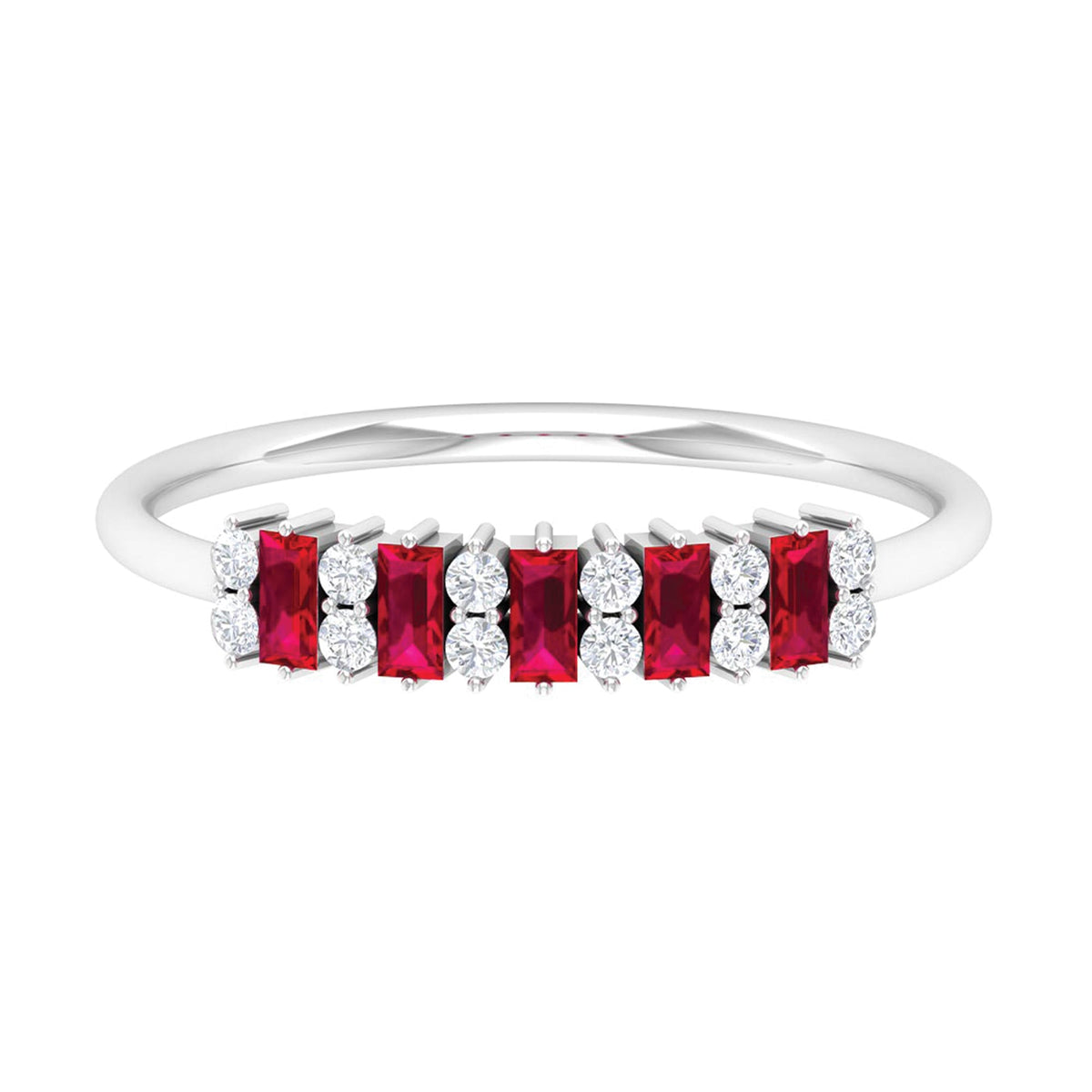Minimalist lab-created ruby and diamond cluster promise ring by Rosec Jewels, featuring a sleek design with vibrant gemstones.