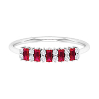Minimalist lab-created ruby and diamond cluster promise ring by Rosec Jewels, featuring a sleek design with vibrant gemstones.
