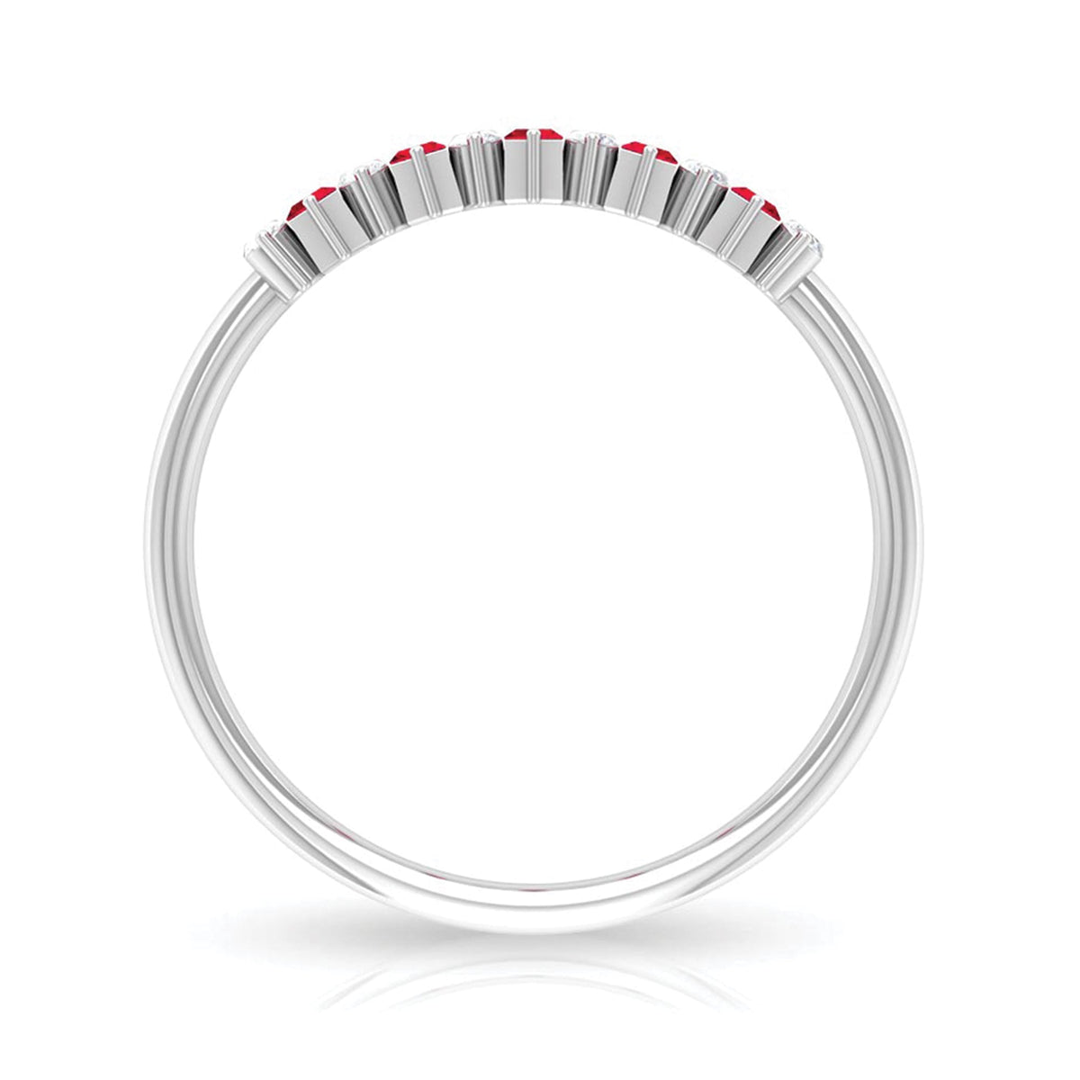 Minimalist lab-created ruby and diamond cluster promise ring by Rosec Jewels, showcasing a sleek design with vibrant gemstones.