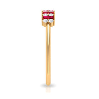 Minimalist lab-created ruby and diamond cluster promise ring by Rosec Jewels, showcasing a sleek design with vibrant gemstones.
