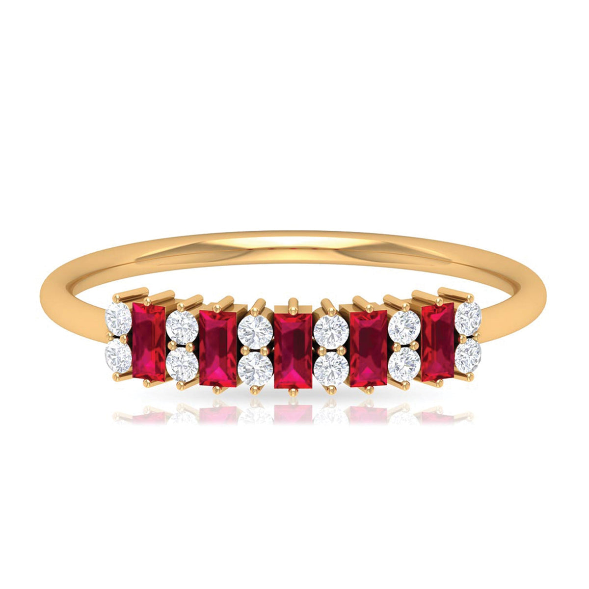 Minimalist lab-created ruby and diamond cluster promise ring by Rosec Jewels, featuring a sleek design with vibrant gemstones.