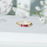 Natural Baguette Ruby 2 Stone Promise Ring with Diamond