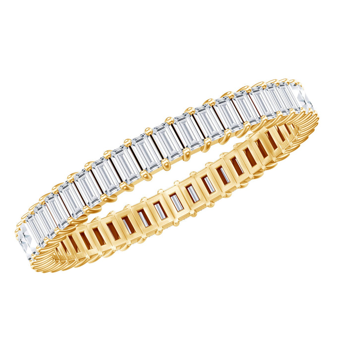 Rosec Jewels Baguette Cut Moissanite eternity ring in shared prong setting, showcasing sparkling gemstones on a sleek band.