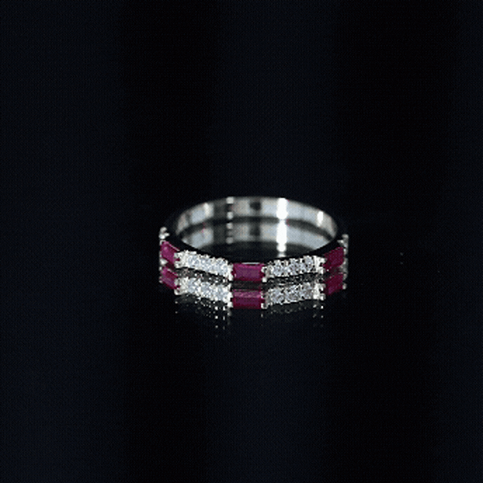 Rosec Jewels baguette cut lab grown ruby vintage eternity ring with diamonds, showcasing a detailed close-up of the ring design.