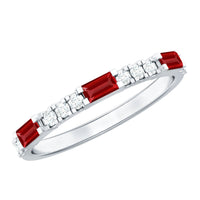 Rosec Jewels Baguette Cut Lab Grown Ruby vintage eternity ring with diamond accents, showcasing intricate design and sparkling gemstones.