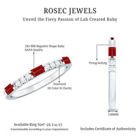 Lab grown ruby eternity band ring with baguette cut rubies and diamonds, vintage style, by Rosec Jewels.