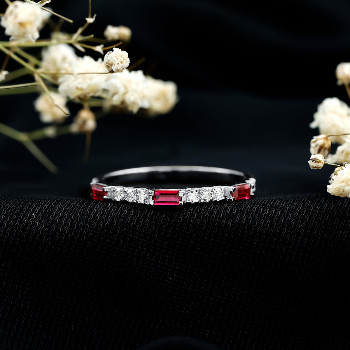 Rosec Jewels Baguette Cut Lab Grown Ruby and Diamond Vintage Eternity Band ring showing alternating ruby and diamond stones on gold band