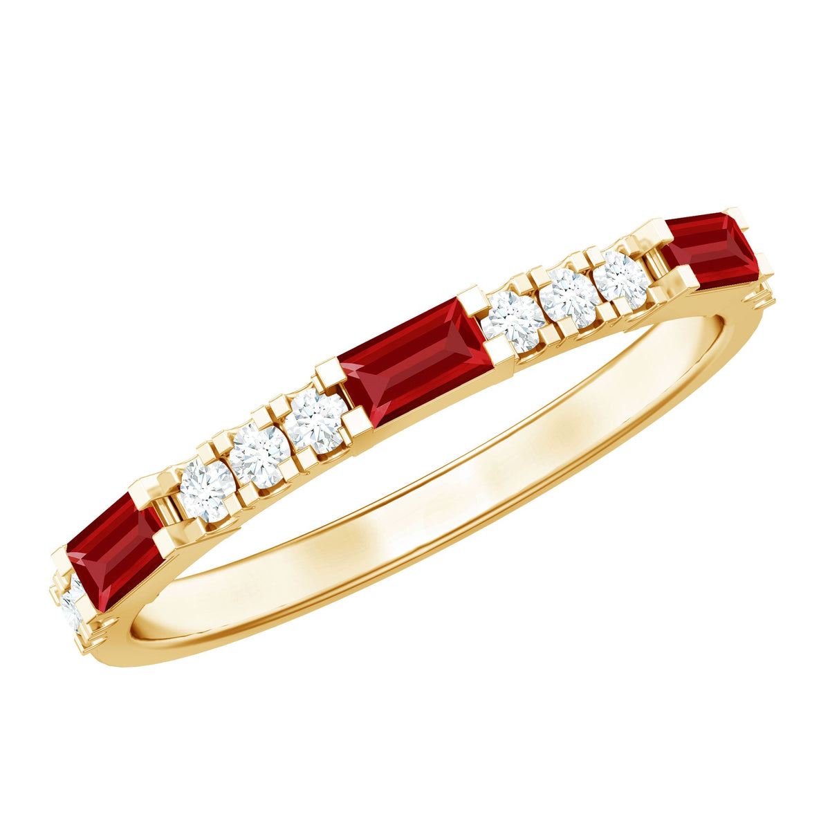 Vintage eternity ring by Rosec Jewels featuring baguette cut lab-grown ruby and diamond accents in a classic band design.