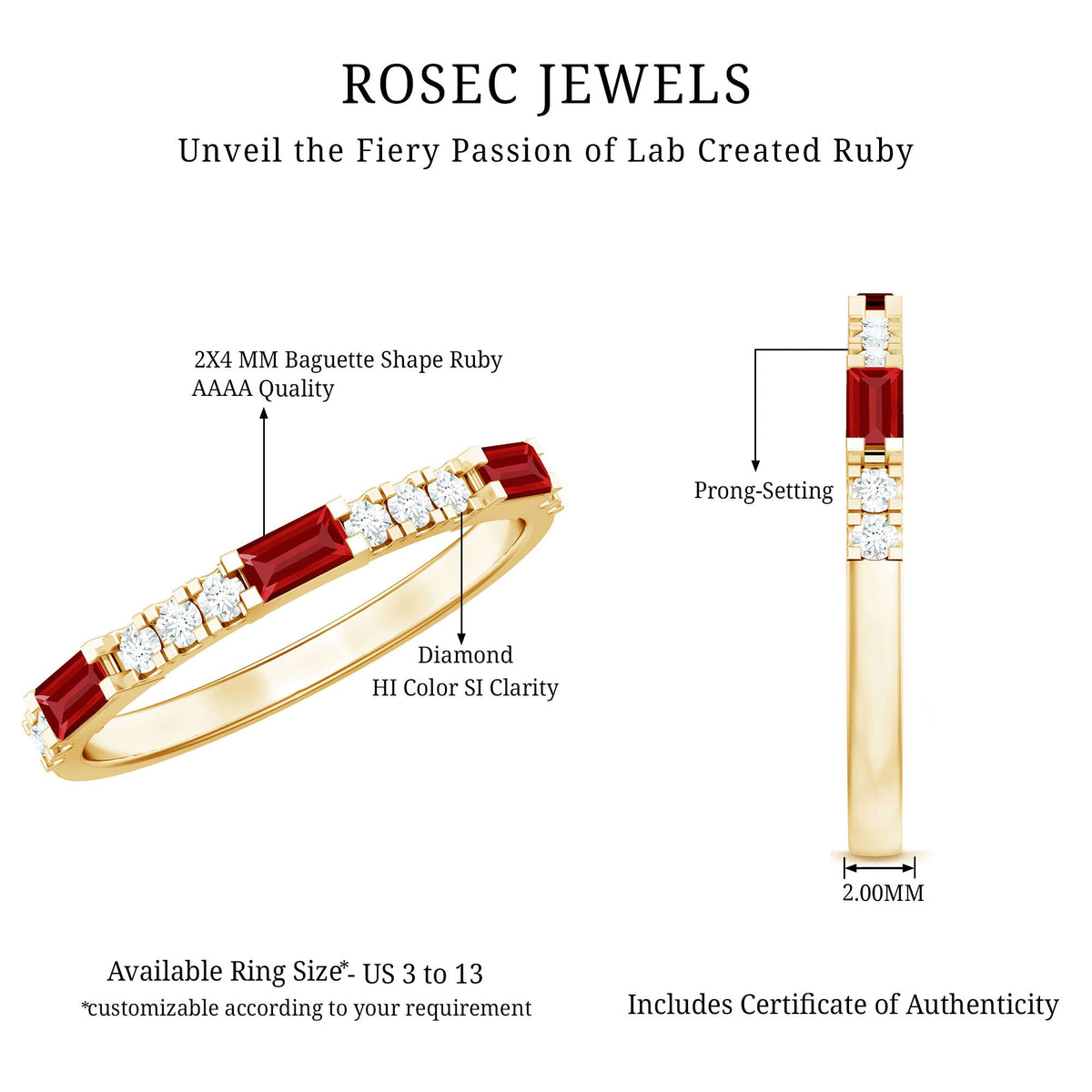 Rosec Jewels vintage eternity band with baguette cut lab-grown ruby and diamond accents, showcasing intricate ring design.