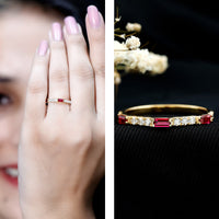 Vintage eternity band ring featuring baguette cut lab-grown ruby and diamonds by Rosec Jewels, with a detailed close-up view.
