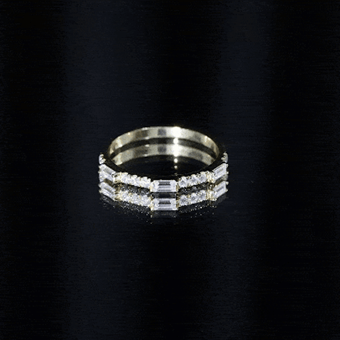 Yellow gold minimalist moissanite stackable eternity ring by Rosec Jewels featuring a sleek, elegant design with sparkling stones.