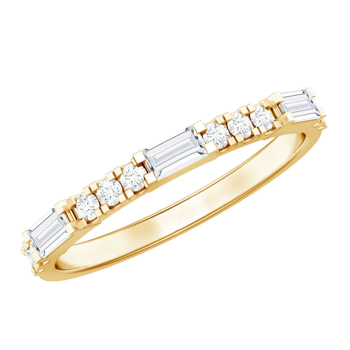 Rosec Jewels Baguette Moissanite minimalist stackable eternity ring with sleek design and sparkling gemstone accents.