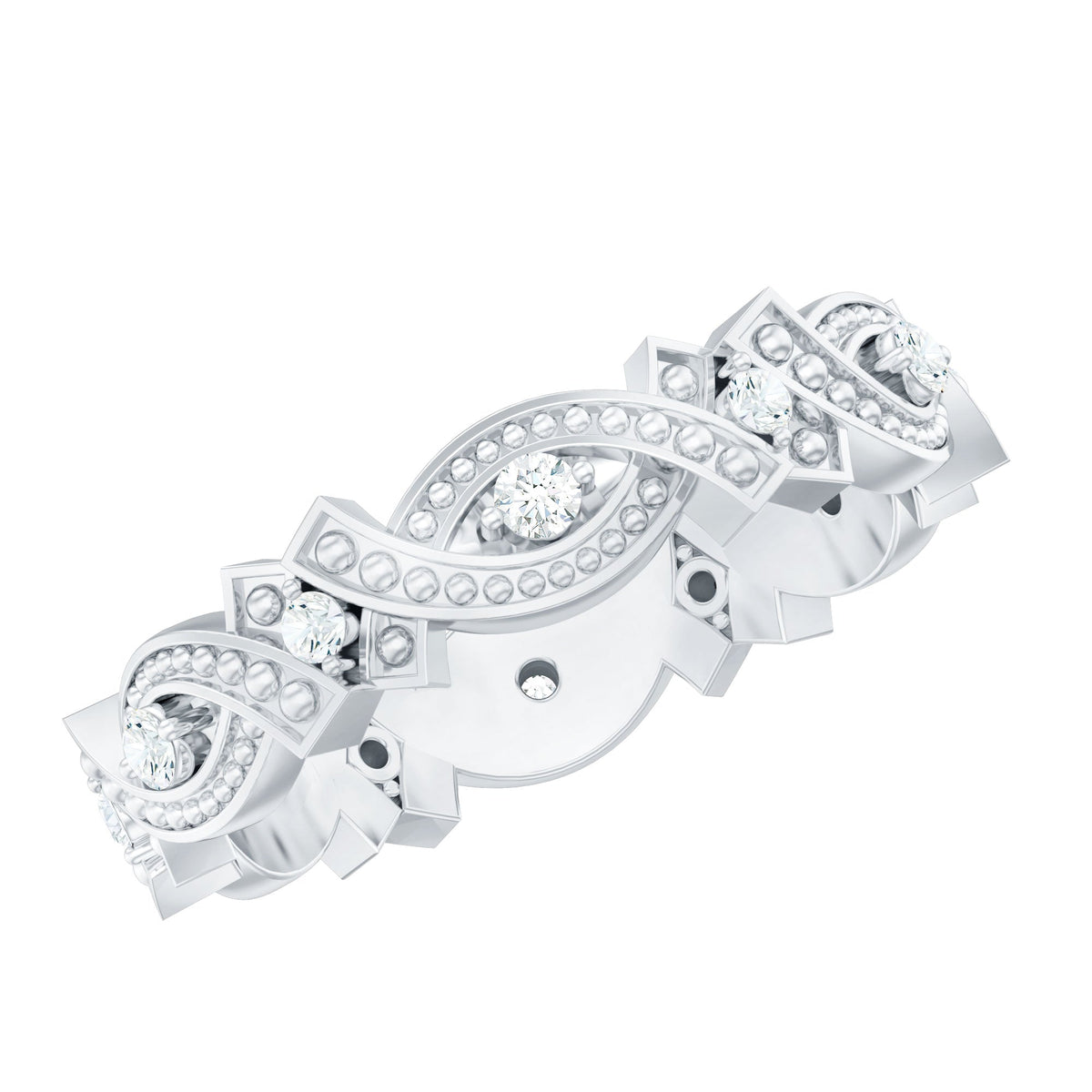 Vintage-inspired moissanite beaded wedding band by Rosec Jewels featuring a delicate beaded design on a silver-toned ring.