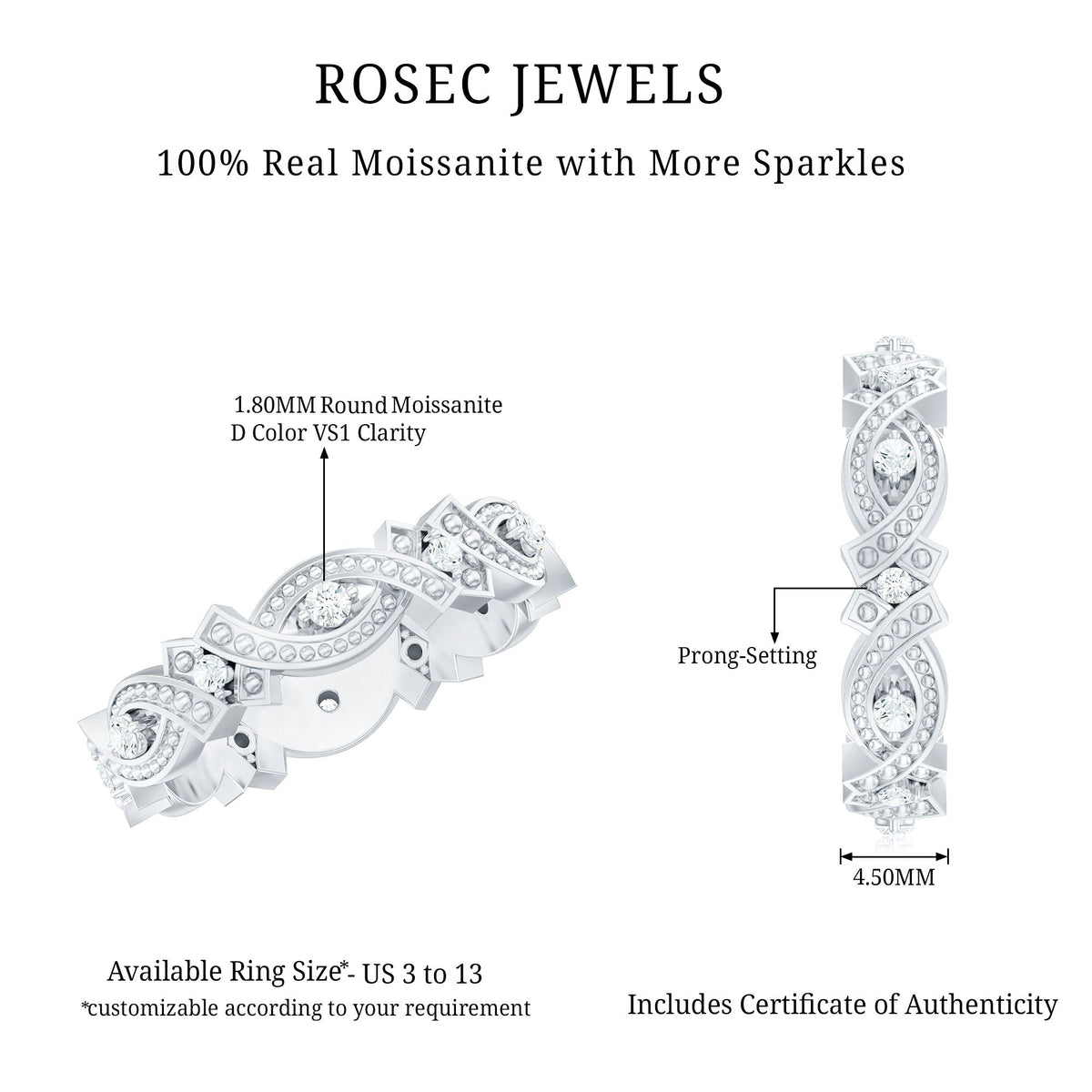 Vintage inspired moissanite beaded wedding band ring by Rosec Jewels, showcasing intricate beaded design and sparkling moissanite stones.