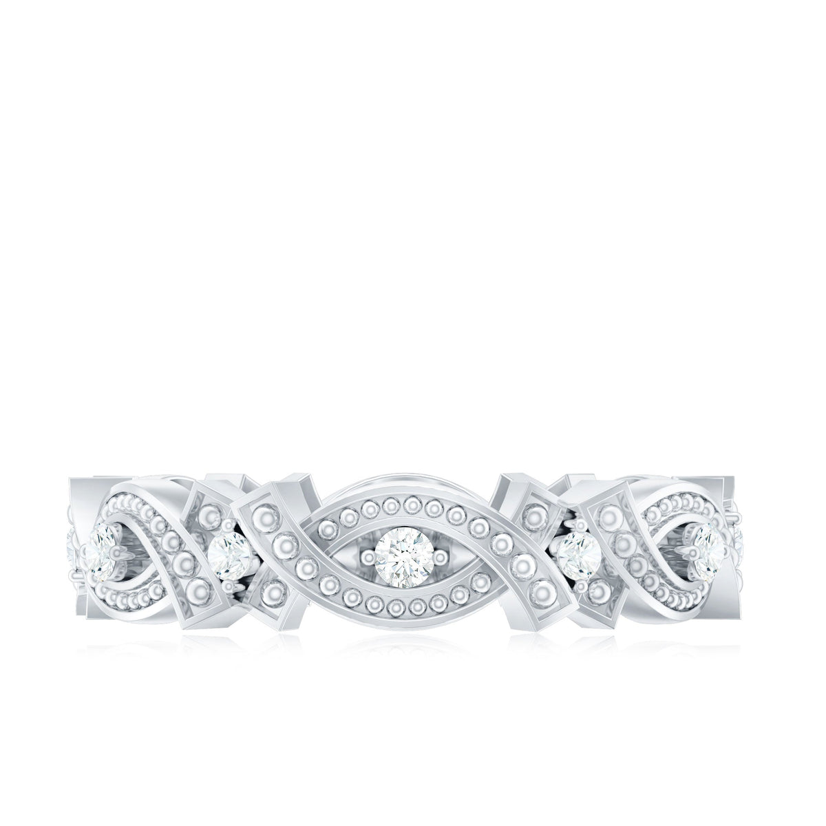 Vintage-inspired moissanite beaded wedding band ring by Rosec Jewels featuring intricate beaded detailing and sparkling moissanite stones.