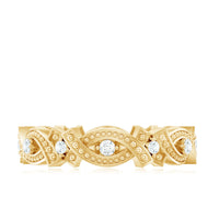 Vintage inspired moissanite beaded wedding band ring from Rosec Jewels with intricate beaded design and sparkling stones.
