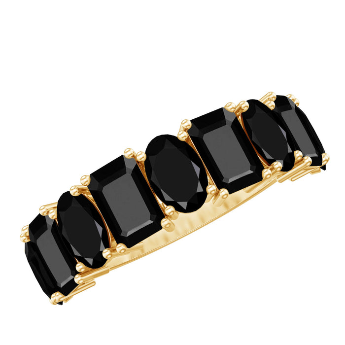 Oval and emerald cut black onyx half eternity wedding band by Rosec Jewels, featuring alternating black onyx stones in a sleek ring design.