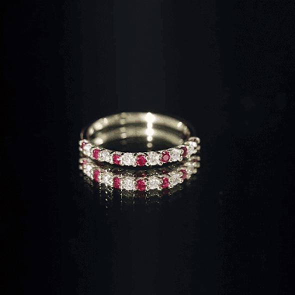 Yellow gold natural ruby and diamond stackable eternity ring from Rosec Jewels, featuring alternating gemstones and fine craftsmanship.