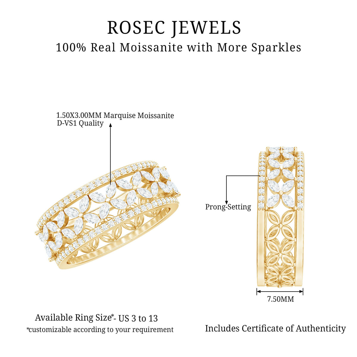 Certified Moissanite Flower Wedding Band for Women