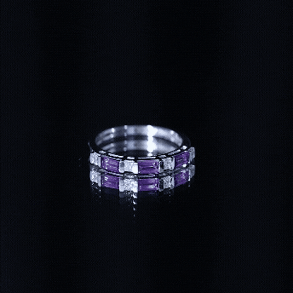 Yellow gold natural baguette amethyst promise ring with diamond accents for women by Rosec Jewels.