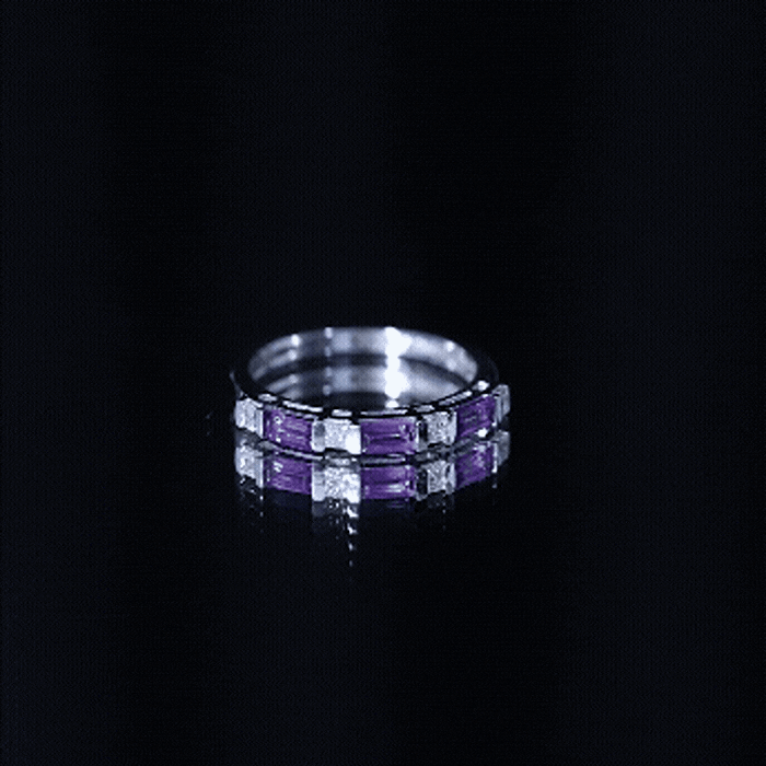 Yellow gold natural baguette amethyst promise ring with diamond accents for women by Rosec Jewels.