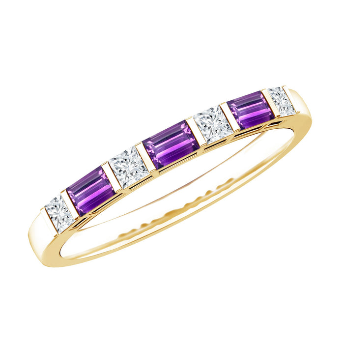 Natural Baguette Amethyst promise ring with diamond for women by Rosec Jewels, featuring a silver band and elegant gemstone details.